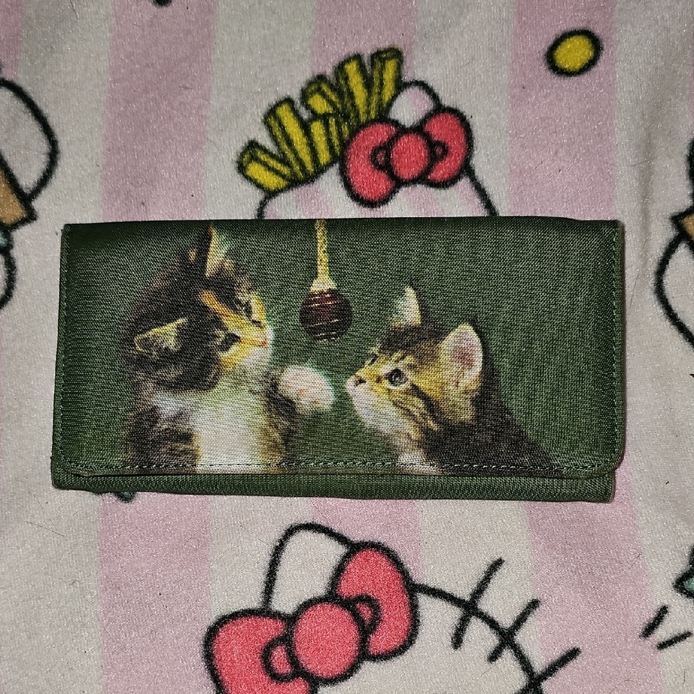 Green Cat Wallet with Playful Kittens Festive Canvas